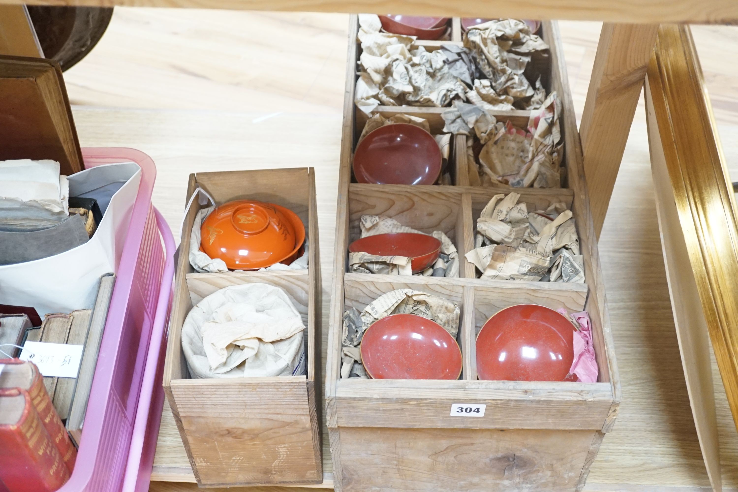 Two sets of Japanese lacquer bowls and covers, 20th century